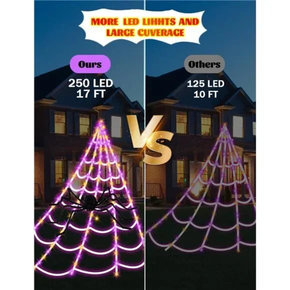 Giant Spider Web Halloween Decor Light w/ 250 LEDs 16.4FT Net 4Ft Spider 8 Modes
